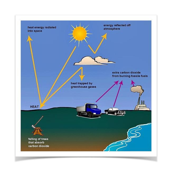 The following diagram shows how greenhouse gases trap energy from the Sun. Write a report for a university lecturer describing the information shown in the diagram.