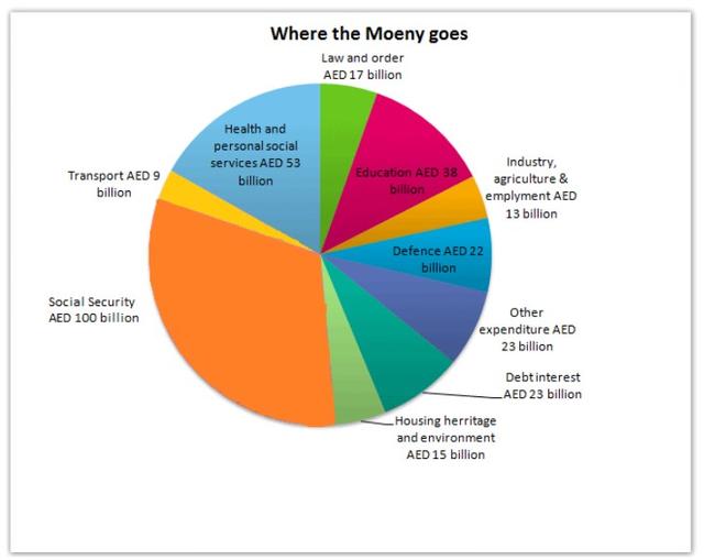 The pie chart gives information on UAE government spending in 2000. The total budget was AED 315 billion. Summarize the information by selecting and reporting the main features, and make comparisons where relevant