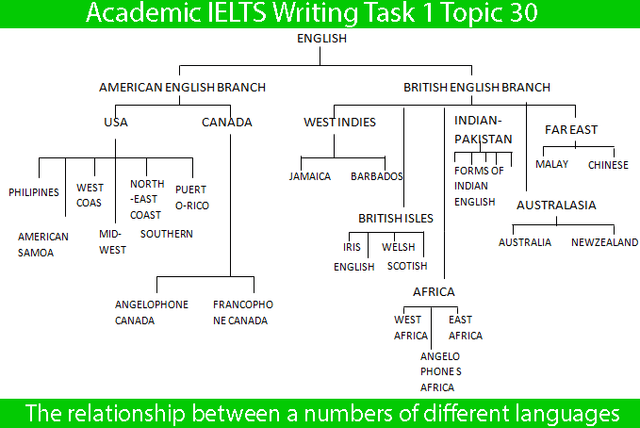 The diagram shows the relationship between a numbers of different languages. Summarise the information by selecting and reporting the main features, and make comparisons where relevant.