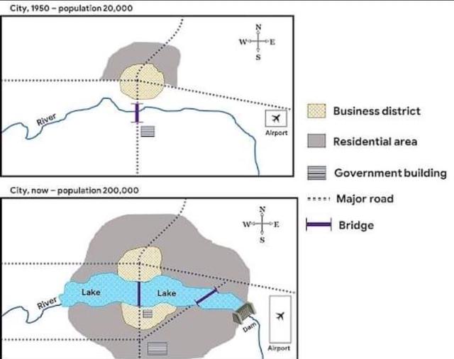 The two maps illustrated the distribution of the facilities of the May city in 1950 and in the present.