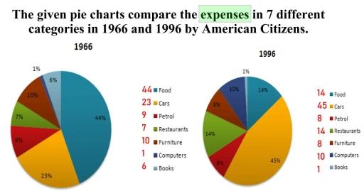 The given pie charts compare the expenses in 7 different categories in 1966 and 1996 by British Citizens. Write a report for a university lecturer describing the information below.