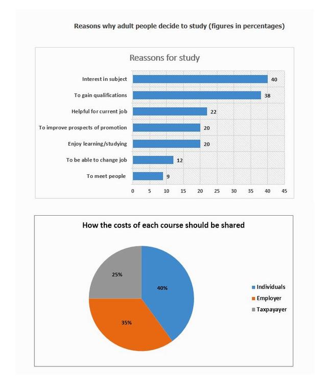 THE CHARTS BELOW SHOW THE RESULTS OF A SURVEY OF ADULT EDUCATION. THE FIRST CHART SHOWS THE REASONS WHY ADULTS DECIDE TO STUDY. THE PIE CHART SHOWS HOW PEOPLE THINK THE COSTS OF ADULT EDUCATION SHOULD BE SHARED .