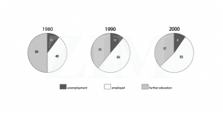The charts show what Australian school leavers did immediately after leaving secondary school. Summarise the information by selecting and reporting the main features, and make comparisons where relevant.