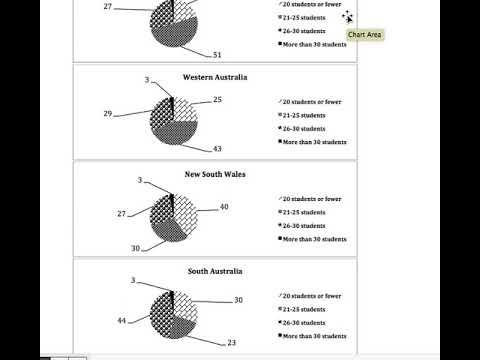 The pie charts show the size of classes in primary schools in four states in Australia in 2010. Summarise the information by selecting and reporting the main features, and make comparisons where relevant.