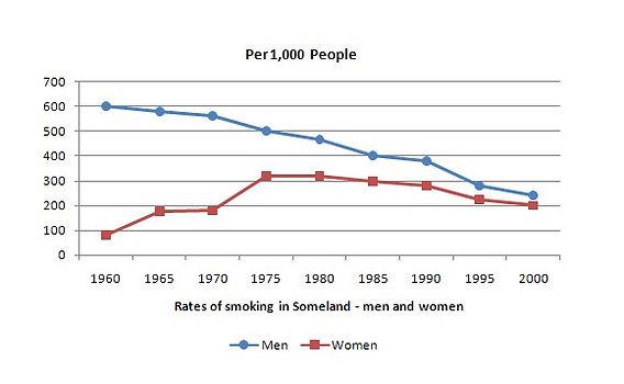 The graph below shows the rate of smoking per 1000 people in Someland from 1960 to 2000. Write a report for a university lecturer describing the information in the graph below.