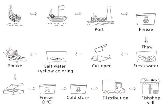 The diagram details the process of making smoked fish. Summarise the information by selecting and reporting the main features, and make comparisons where relevant