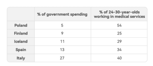 The table shows the percentage of government expenditure on health care in five countries in 2006 as well as the proportions of 24-30-year-olds working in medical services. Summarize the information by selecting and reporting the main features, and make comparisons where relevant.