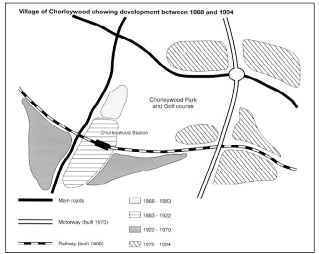 You should  Chorleywood is a village near London whose population has increased steadily since the middle of the 19th century. The map below shows the development of the village.