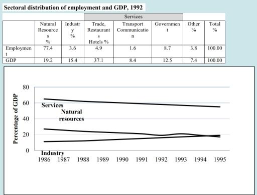 The following graphs give information about the Gross Domestic Product (GDP) and employment sectors of adeveloping country. Write a report for a university Lecturer describing the information shown below