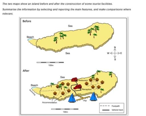 The two maps below show an island, before and after the construction of some tourist facilities.