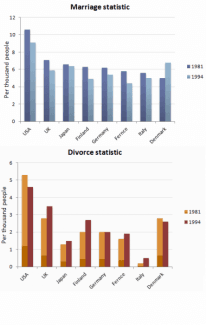 The bar charts below show the Marriage and Divorce Statstistics for nine countries in 1981 and 1994