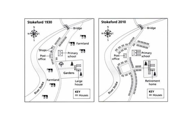 The maps show the town of Stokeford in 1930 and 2010.