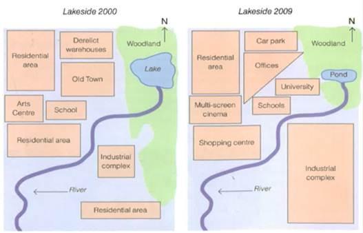 The maps below show the changes experienced by the town of Lakeside at the beginning of the 21st Century.