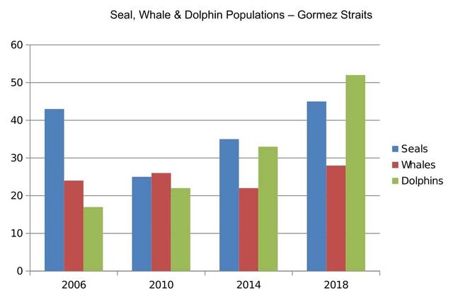 The bar chart below shows numbers of seals, whales and dolphins recorded in the Gormez Straits from 2006 to 2018. Summarise the information by selecting and reporting the main features, and make comparisons where relevant.