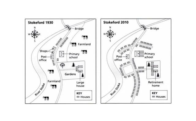 The maps show the town of Stokeford in 1930 and 2010. Write a report of at least 150 words, summarizing the main feature and making comparison where relevant.