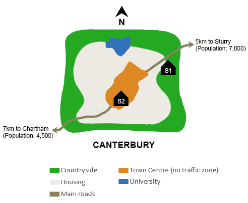 The map below is of the town of Canterbury. A new school (S) is planned for the area. The map shows two possible sites for the school. Summarize the information by selecting and reporting the main features, and make comparisons where relevant.