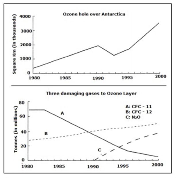 The graphs show the size of the Ozone layer hole in Antarctic and three productions of damaged gases to the Antarctic Ozone from 1980 to 2000. Summarise the information by selecting and reporting the main features, and make comparisons where relevant.
