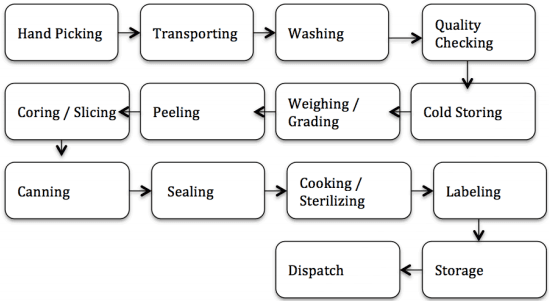 The diagram below shows the multistage production of pears as canned fruits. Summerize the information by selecting and reporting the main features and make comparisions with relevant.