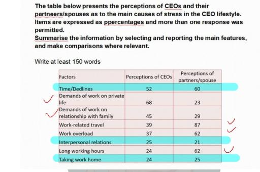 The table below presents the perceptions of CEOs and their partners/spouses as to the main causes of stress in the CEO lifestyle. Items are expressed as percentages and more than one response was permitted. Summarise the information by selecting and reporting the main features and make comparisons where relevant.