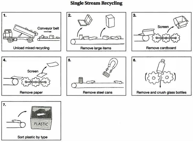 The diagram below shows the sorting process in single-stream recycling. Summarize the information by selecting and reporting the main features, and make comparisons where relevant.