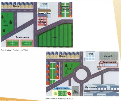 The maps show the outskirts of the town of Fosbury in 1980 and 2015.
