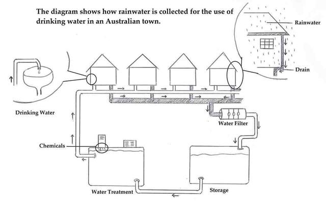 The diagram shows how rainwater is collected for the use of drinking water in an Australian town. Summarise the information by selecting and reporting the main features, and make comparisons where relevant.