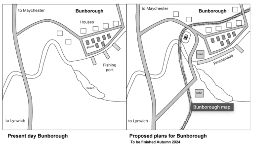 The two maps below show the village of Bunborough in the present day and plans for the village in 2024.

Summarise the data by selecting and reporting the main features and make comparisons where relevant.