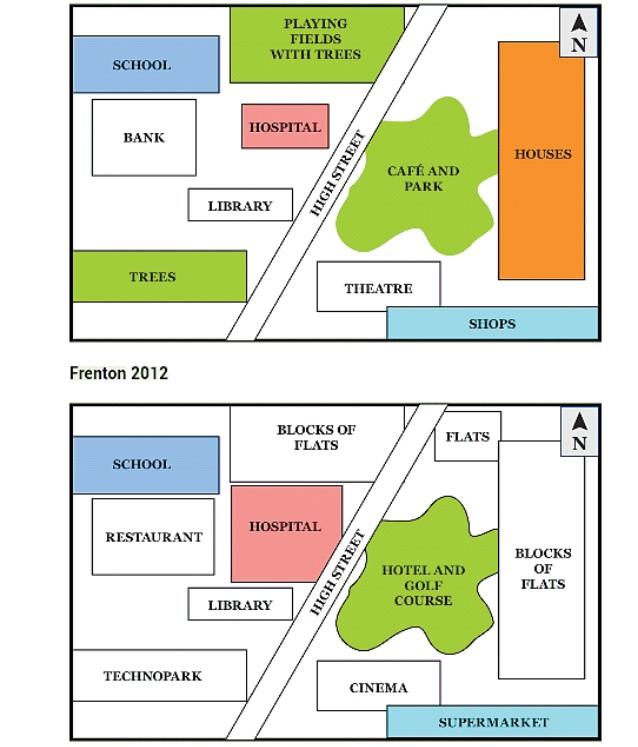 Given maps illustrate information on how Frenton changed over 32 years between 1990 and 2012. There is High Street passing through the Frenton from south to north and on both sides of the street there are some public buildings, houses and flats.