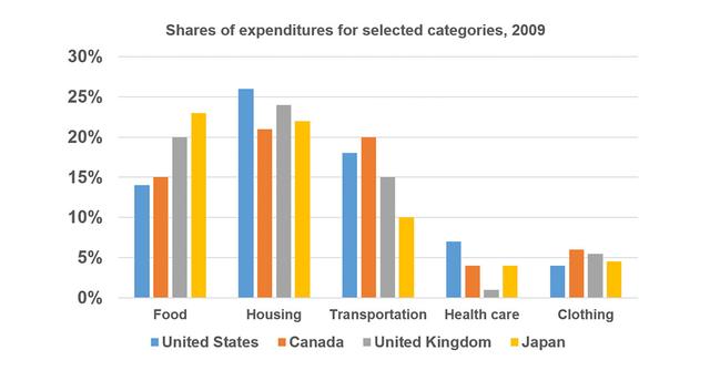 The bar chart shows the percentage of what people in four countries spent their money on in 2009