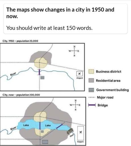 The maps show changes in a city in 1950 and now.