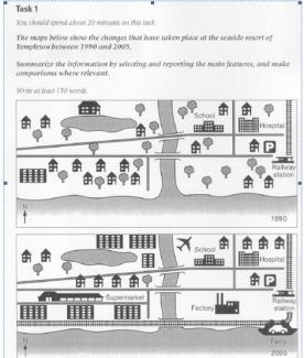 The maps below show the changes that have taken place at the seaside resort of templeton between 1990and2005 summerise the information by selecting and reporting the main features and make comparisons were relavant.