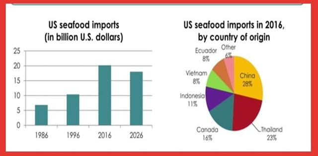 The bar chart below shows US seafood imports between 2002 and 2022 and the forcast for 2032. The pie chart shows the geographical structure of these imports in 2022.