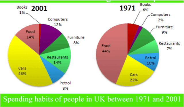 The graphs show changes in spending habits of people in the UK between 1971 and 2001.

Write a report to a university lecturer describing the data.