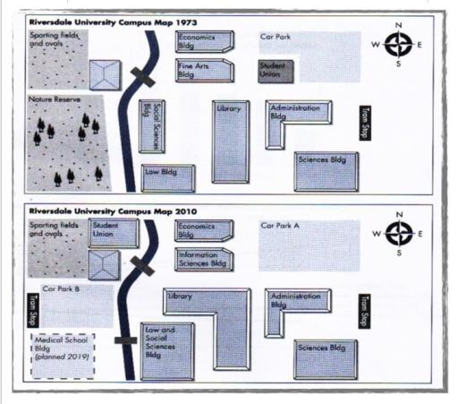 The maps describe how riversdale university campus was changed in the years 1973 and 2010.