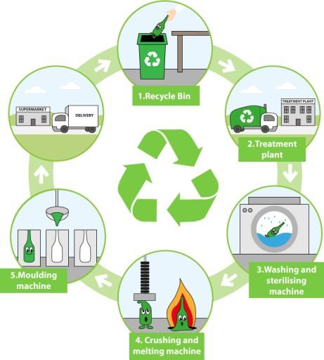 The diagram below shows how glass is recycled. Summarise the information by selecting and reporting the main features, and make comparisons where relevant.