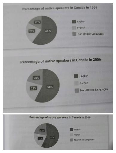 The pie charts shows the number of native speakers of different languages in canada in 1996,2006 and 2016. 

Summarise the information by selecting and reporting the main features and make comparison where relevant.