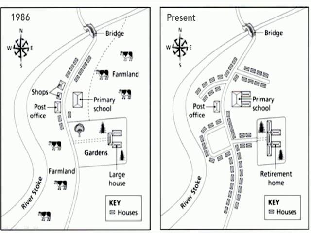 The two maps below show the changes in the town of Denham from 1986 to the present days. Summarize the information by selecting and reporting the main features and make comparison where relevant.