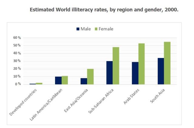 You should spend about 20 minutes on this task.

The bar chart below shows estimated world illiteracy rates by region and by gender for the last year.

Summarise the information by selecting and reporting the main features, and make comparisons where relevant.

You should write at least 150 words.