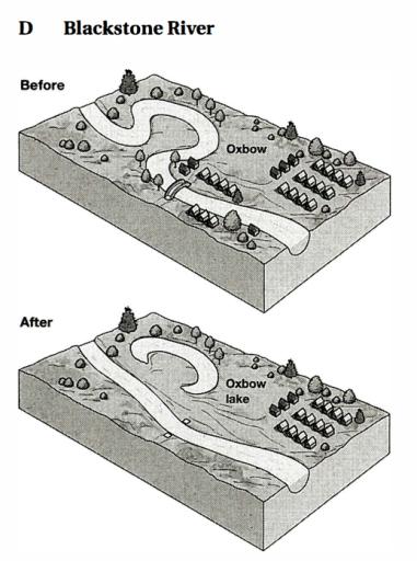 The diagram below shows the area around a river before and after a flood. Summarize the information by selecting and reporting the main features1 and make comparisons where relevant.