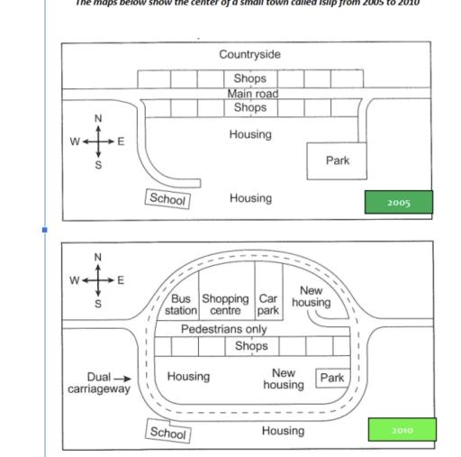 The maps below shows the centre of a small town called Islip as it now, and plans for its development. Kadirkhan Zhazira.