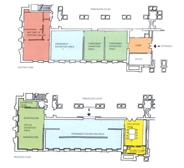 The diagrams are the existing and proposed floor plans for the redevelopment of an art gallery. Summarise the information by selecting and reporting the main features, and make comparisons where relevant.