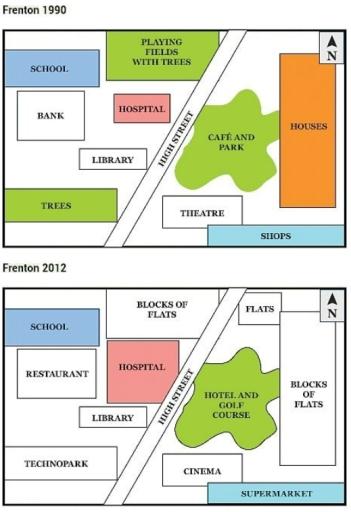 The maps describe the changes which took place in a town called Frenton over 22 years, starting from 1990.
