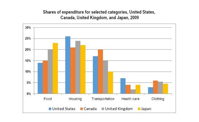 The chart below shows shares of expenditures for five major categories in five countries