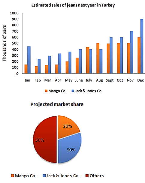 The bar chart below shows the estimated sales of Jeans for two companies next year in Turkey.The pie chart shows the projected market share of the two companies in Jeans at the end of next year.