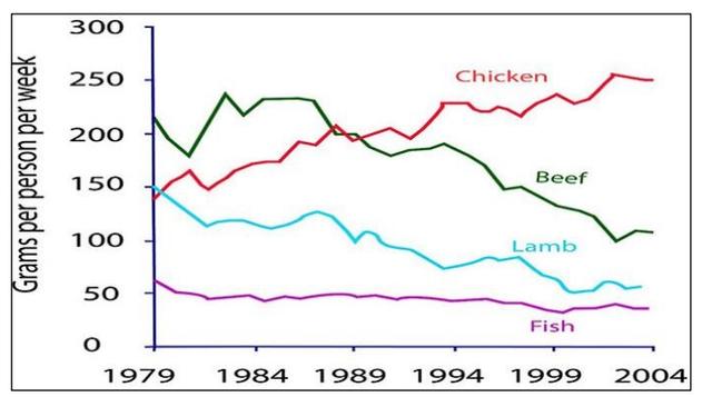 The graph below shows the consumption of fish and some different kinds of meats in a European country between 1979 and 2004