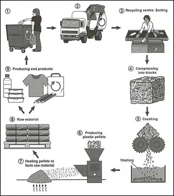 The diagram below shows the process for recycling plastic bottles. summarise the information by selecting and reporting the main feature,and make comparisions where relevent.