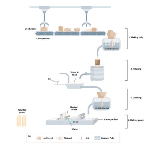 The diagram shows the process of recycling and production of paper. Summarise the the information by selecting and reporting main features, and make comparison where relevant.