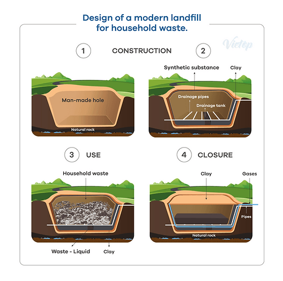 The diagram shows the design of a modern landﬁll for household waste.