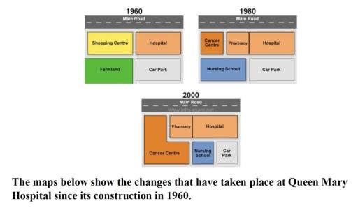 The maps show the development of the Queen Mary Hospital following the building's conceptualization in 1960.