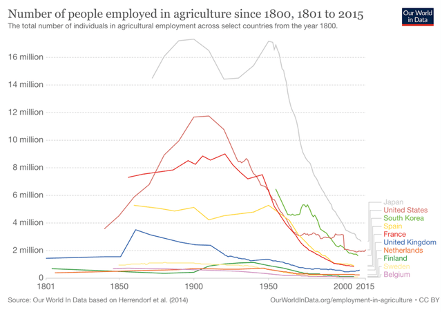 The line chart below shows the employment in the agricultural sector in four African countries (Nigeria, Kenya, South Africa, and Algeria) from 1985 to 2019. Summarise the information by selecting and reporting the main features and make comparisons where relevant.